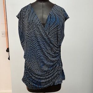 Abstract Print Faux Wrap Tunic Top | Blue Black White Ruched Blouse